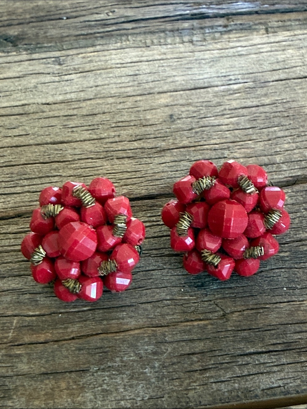 Adorable Vintage Red Beaded Cluster Clip-On Earrings Marked Germany